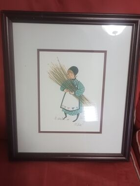P Buckley Framed Girl with Wheat Farmhouse Wall Art - Brown Frame, Green Dress